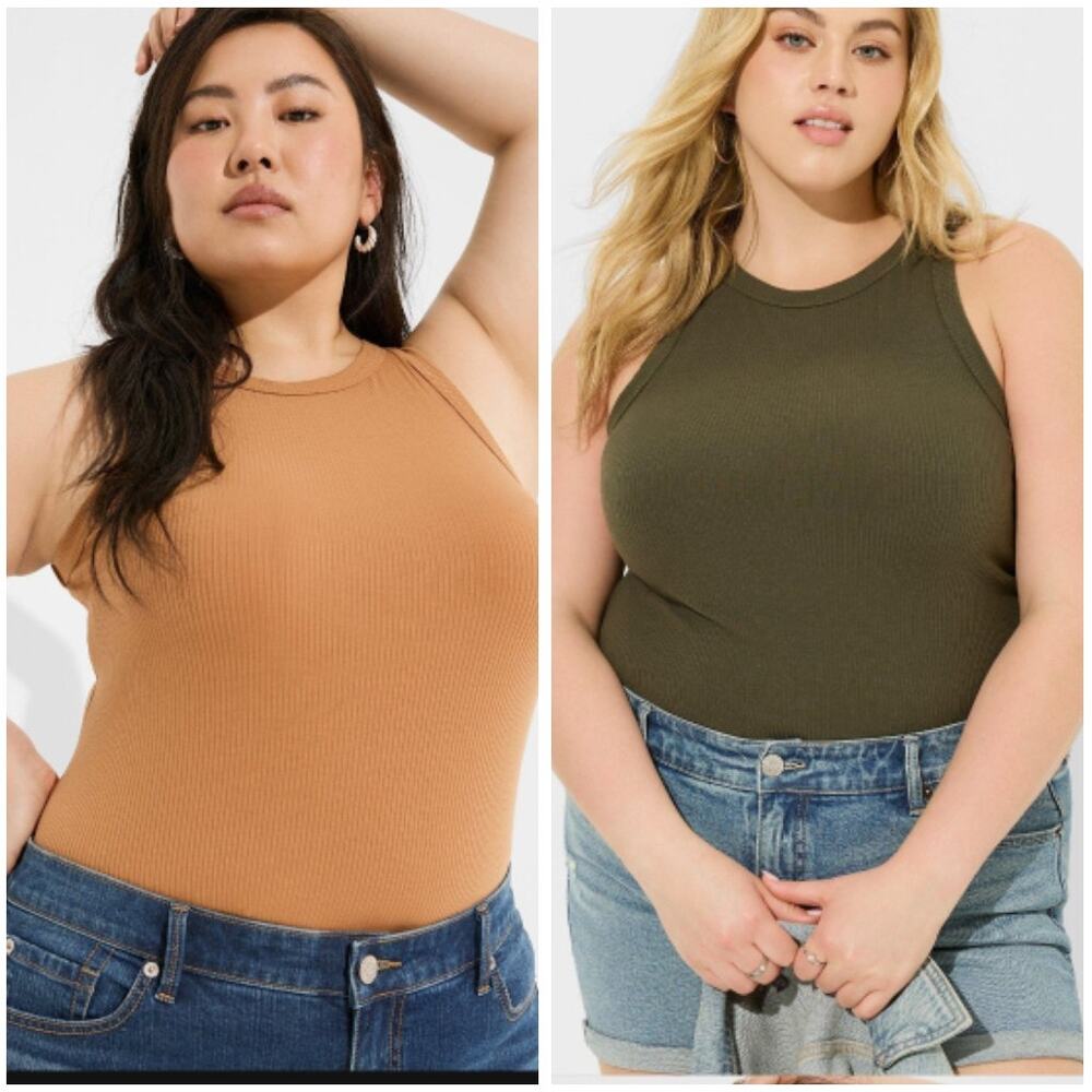 Torrid Green Tan Super Soft Rib High Neck Sleeveless Tank Top Shirt Size 00 (10)